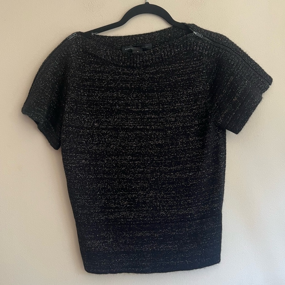 Marc by Marc Jacob woman’s Metallic black short zip sleeve open knit sweater